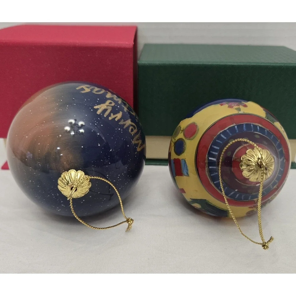 Lot/2 Pier 1 Li Bien Reverse Hand-Painted Glass Christmas Ornaments with Boxes